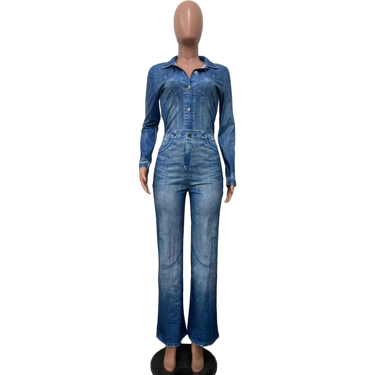Damen Jumpsuit In Jeansoptik Mit Print Modischer Winter Overall_voghion.com