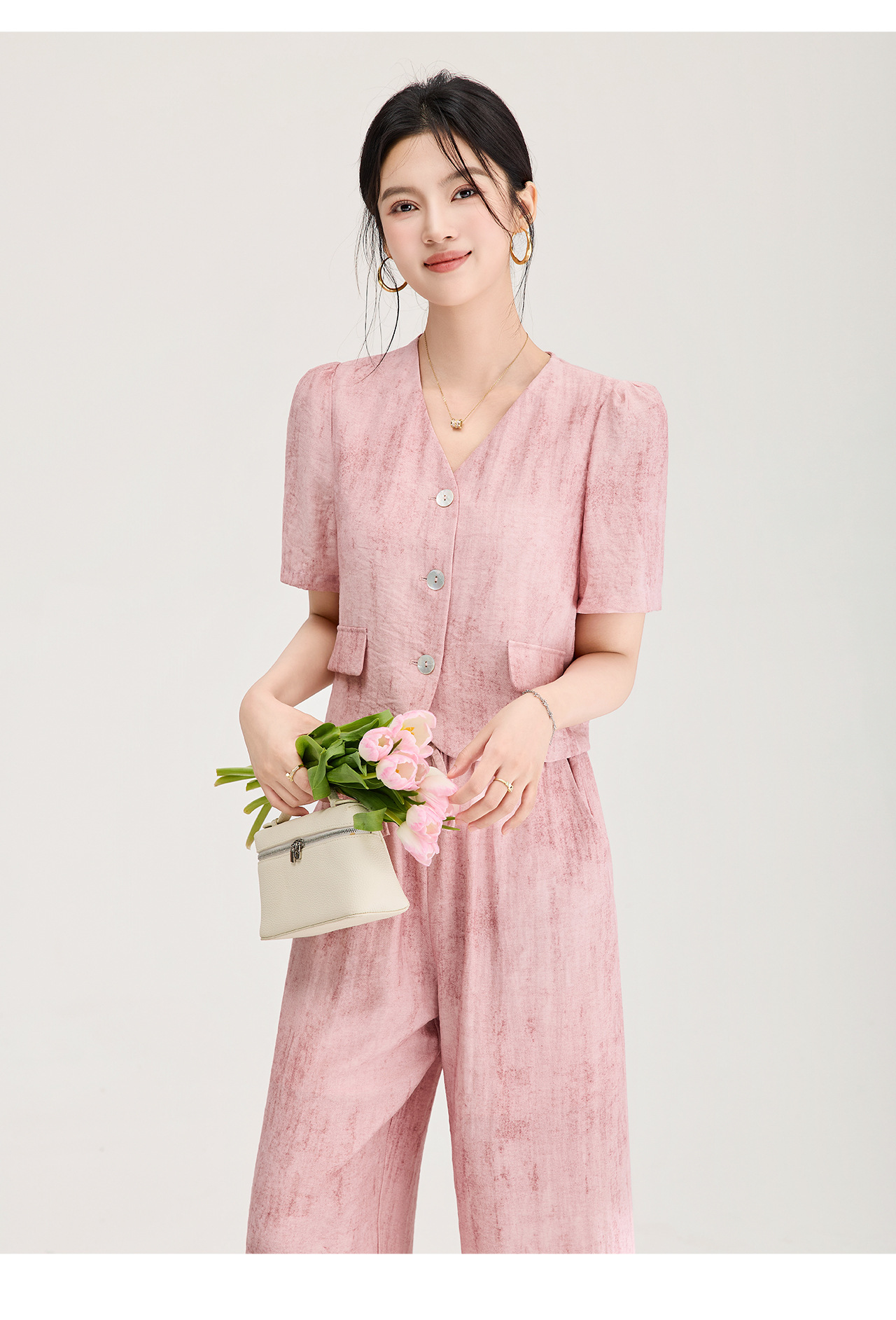 Bộ áo len cổ chữ V kết hợp quần ống rộng nữ phong cách Pháp mùa hè — màu hồng chi tiết 14
