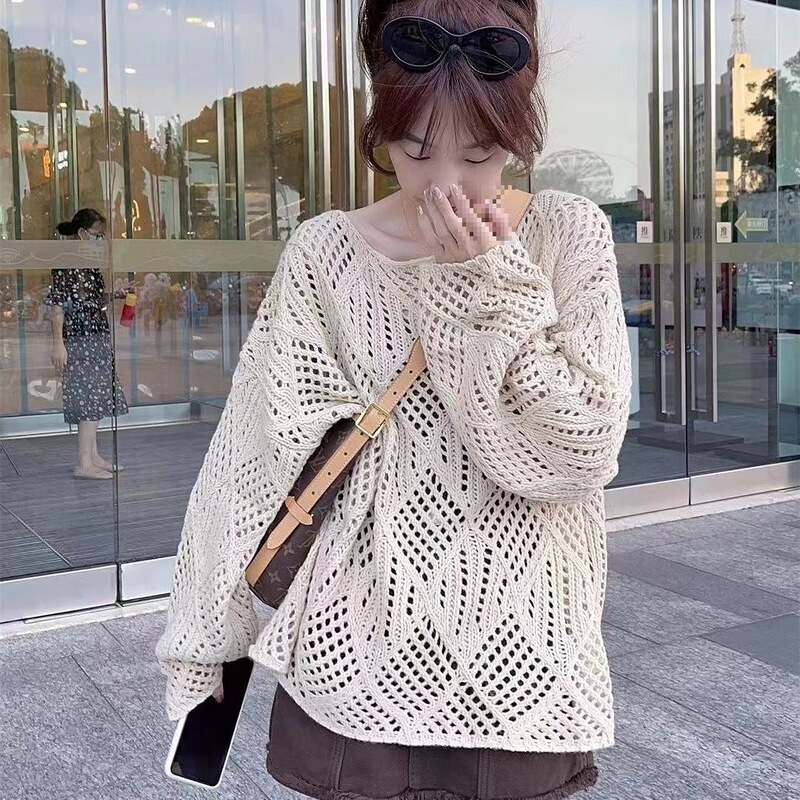 Korean Style Design Cut Out Crochet Knitwear Women's Diamond Pattern Cut Out Knitwear Women's Spring & Fall New Round Neck Loose Knitwear