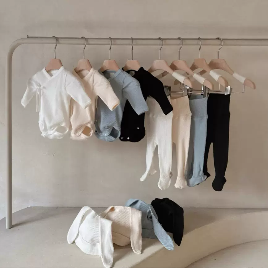 新生儿衣服秋婴儿坑条和尚服包屁衣+高腰护肚包脚裤+兔耳朵帽套装