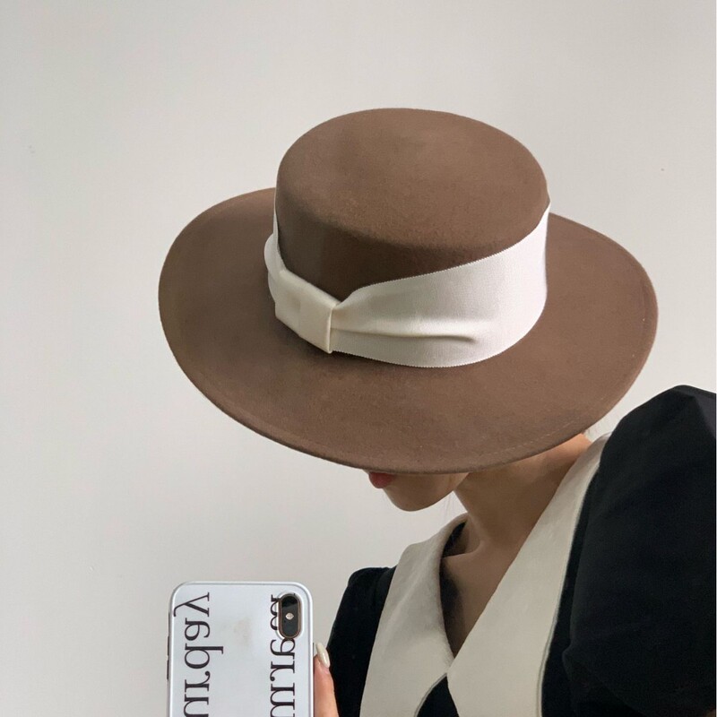 Korean Style Dongdaemun Autumn and Winter New Wide Bow Delicate Wool Tweed Flat Top Top Hat Travel Fashion Wool Felt Hat Korean Style Dongdaemun Autumn and Winter New Wide Bow Delicate Wool Tweed Flat Top Top Hat Travel Fashion Wool Felt Hat