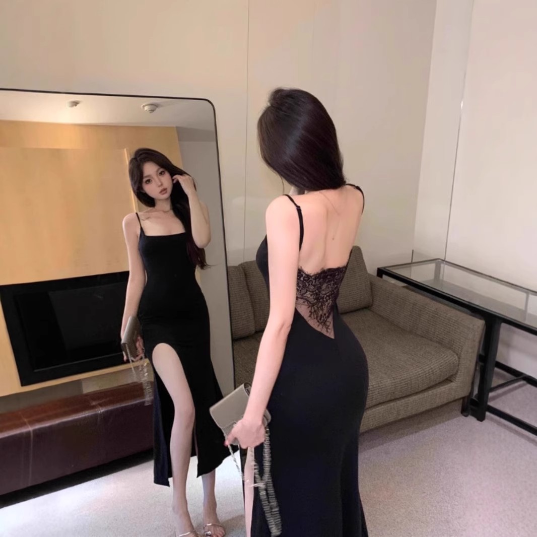 Beautiful Backless Lace Stitching Sling dress Women's Slim-fit Split Hip Skirt Waisted Pure Fishtail Long Skirt