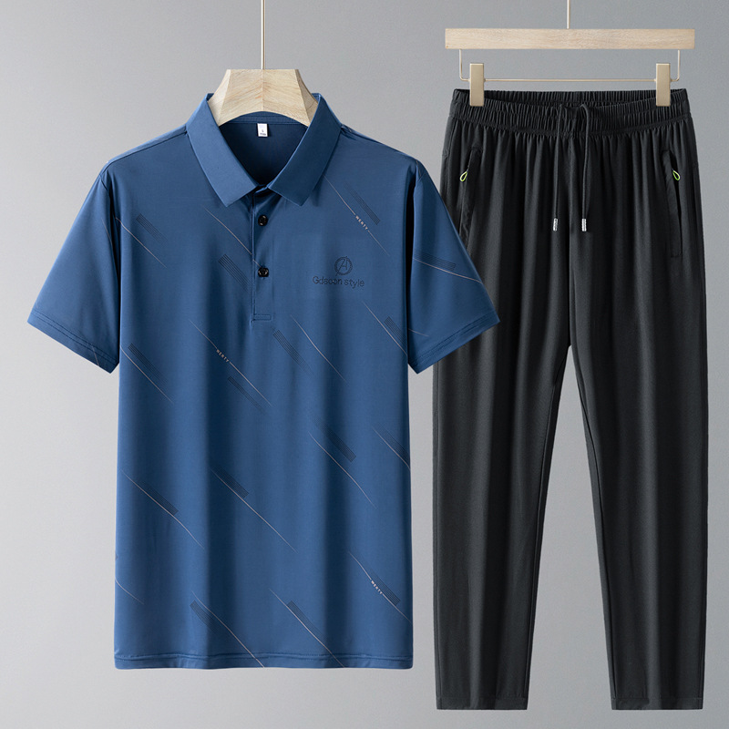 Conjunto de dos piezas de pantalón y polo de seda fría para hombre, estilo casual de verano 2025, para papá de mediana edad y mayor.