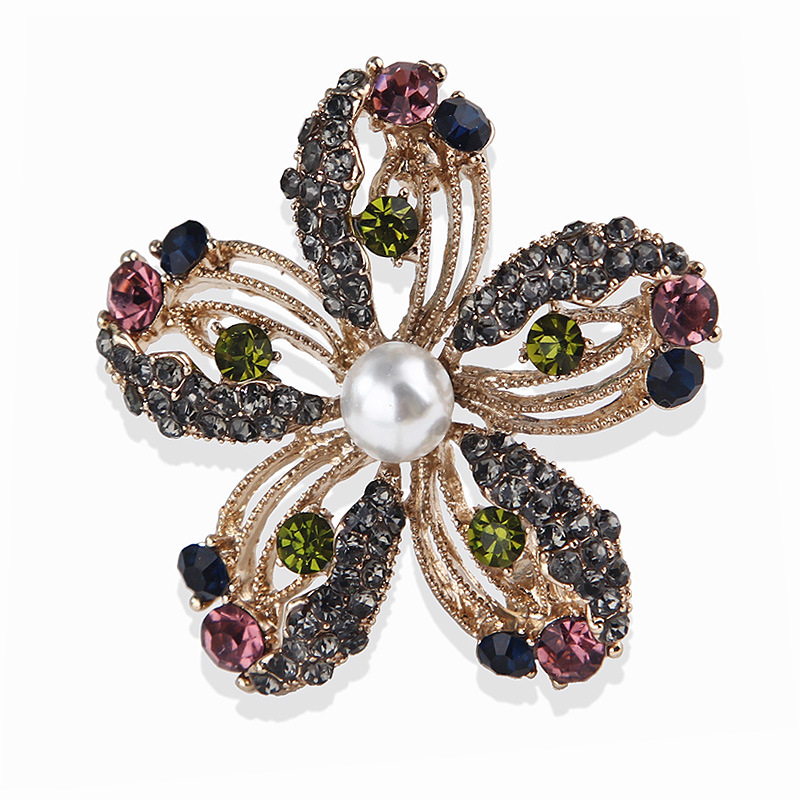 luxury retro crystal colored gemstone bow flower alloy brooch pin brooch accessories brooch_voghion.com