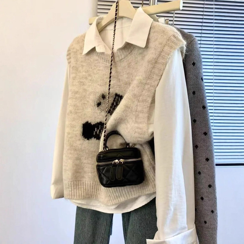 2025 New Style Vest, Sweet and Cute Cartoon College Style Knitted Sweater, Autumn and Winter Round Neck Sweater, Base Layer Vest