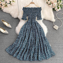 外贸海边度假沙滩裙时尚一字肩露收腰显瘦a字大摆碎花雪纺连衣裙