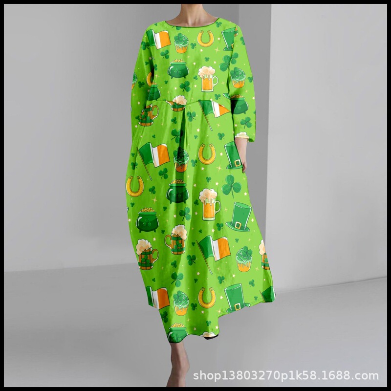 2025 Cross-Border Women's Casual Three-Quarter Sleeve Dress with St. Patrick's Theme Clover 3D Print for Summer