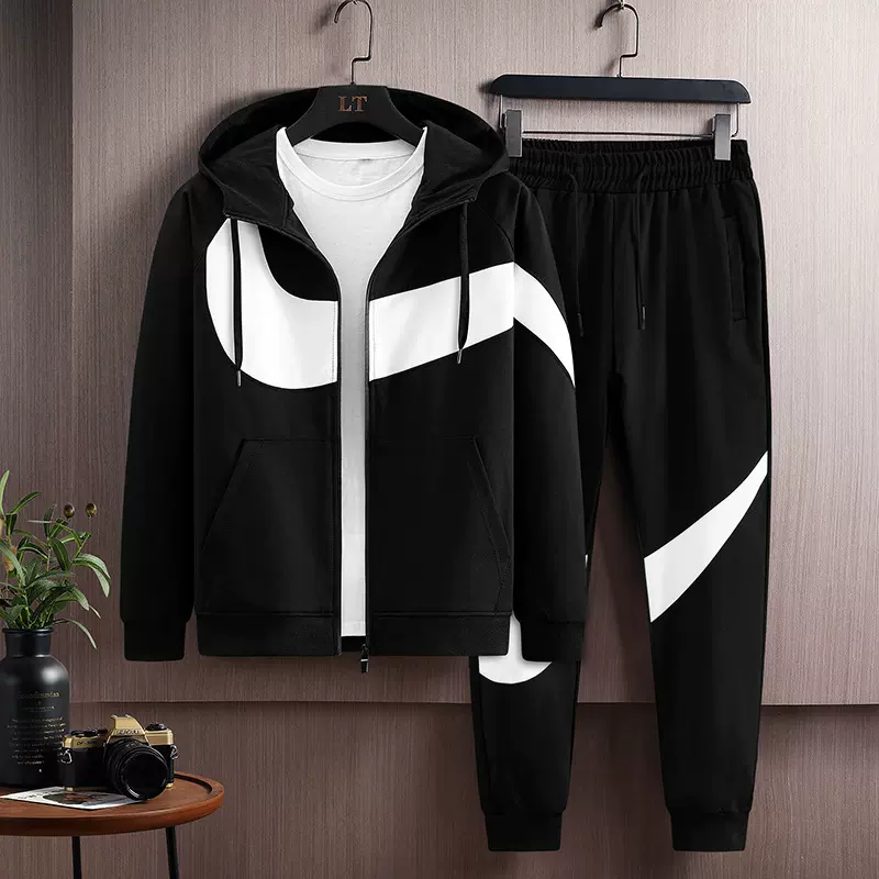 简约男春秋款休闲连帽卫衣时尚运动套装跑步运动服两件套透气青春