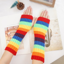 秋冬季保暖针织彩虹袖套日系学生打字中长款护手毛线防寒手臂套