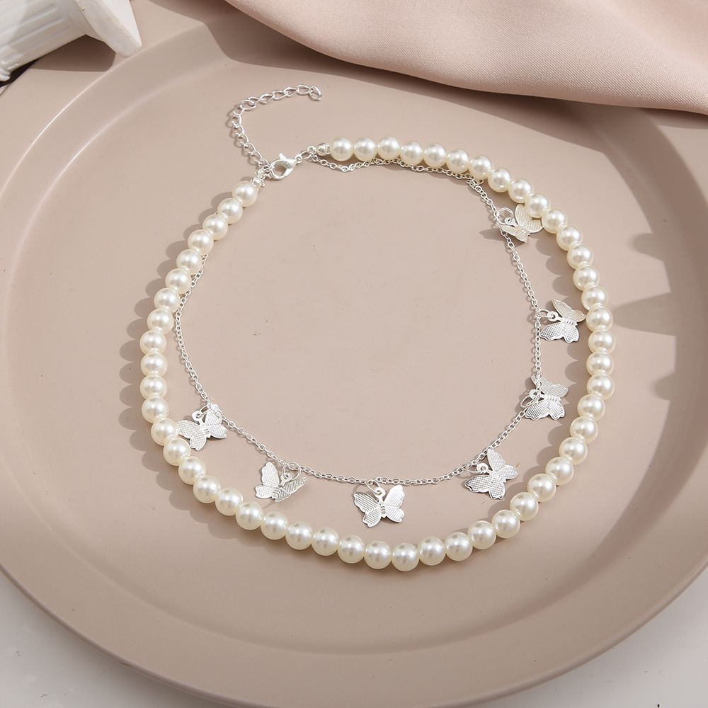 Fashion Butterfly Alloy Pearl Plating Layered Necklaces