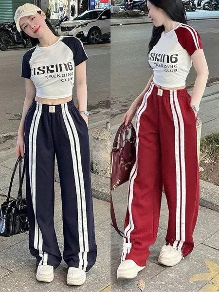 Cross-border American Fashion suit Women's Summer New Raglan Sleeve Short-sleeved T-shirt High Waist Wide Leg Pants Street Two-piece Set
