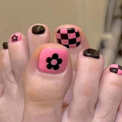 Stylish floral, checkerboard, and sweet-cool black-and-pink foot-friendly wearable nail stickers—removable foot nails available for wholesale.