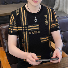 外贸男装夏圆领冰丝提花套头短袖T恤潮青少年男士休闲半袖体恤衫