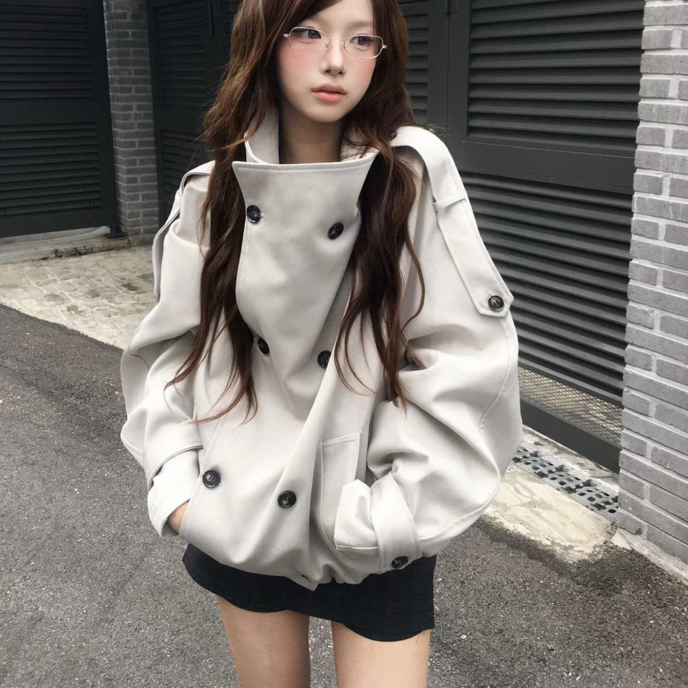 韩式小众时尚百搭立领双排扣廓形落肩夹克上衣工装风衣外套B