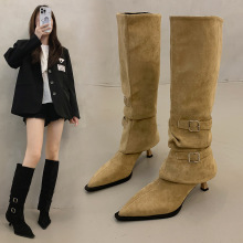 绒面尖头褶皱堆堆靴女2025秋冬新款可拆卸两穿细跟长筒靴高跟女靴