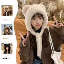 冬季韩版可爱加绒系绳毛绒帽子女卡通护耳针织帽保暖护耳帽毛线帽