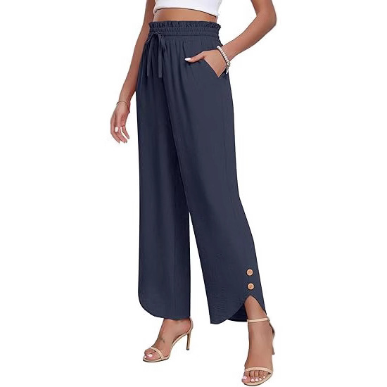 Women's High-Waisted Wide Leg Trousers Casual Drawstring Loose Business Style Adjustable Fit Bottoms_ecoleips.com