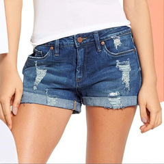 Amazon TEMU cross-border supply European and American foreign trade elastic ripped denim shorts for women