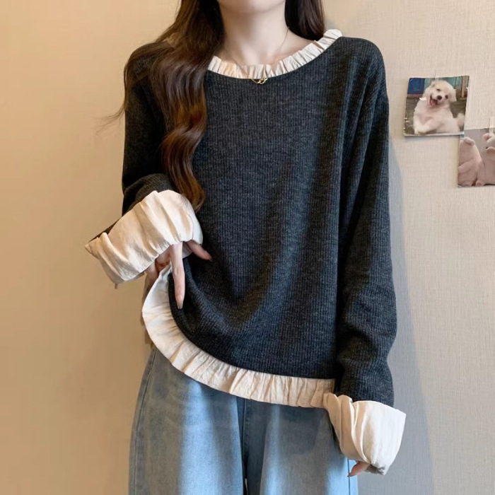 【オリジナルの仕事】レトロなハスの葉の縁をつなぎ合わせて、女性の春秋大サイズの太ったMMが痩せていて怠惰なシャツを着ている|undefined