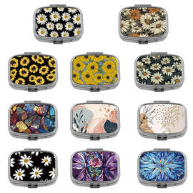 小雏菊花便携式合金药盒分格两格收纳盒化妆镜折叠避光密封药丸盒