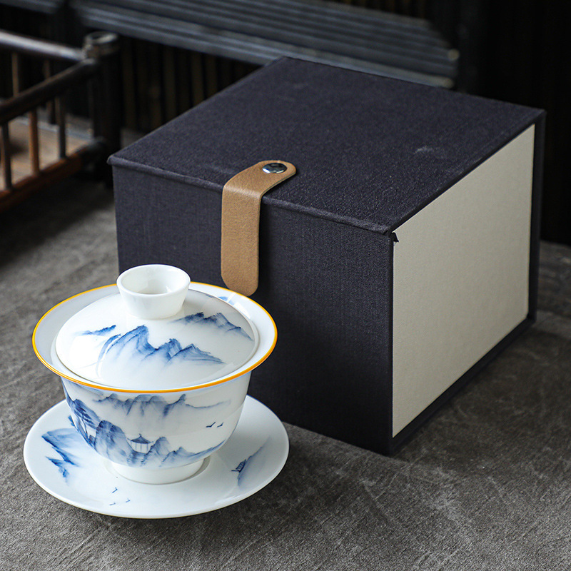 Blue and white tea cup in gift box