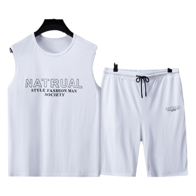 Summer ice silk mesh plus size suit loose plus size sports casual cropped pants for men