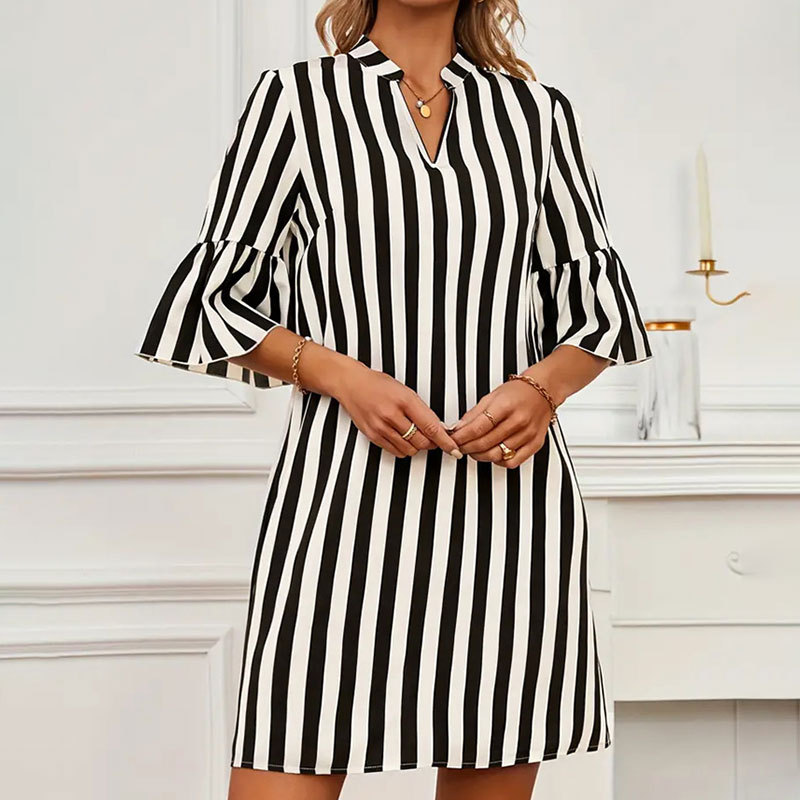 Striped A line Dress Half Sleeve Flared Sleeves Loose Short Dress Spring Summer Women