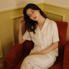 24年夏季新品人棉贡缎开衫式睡衣洋气减龄淡雅印花短袖套装睡衣