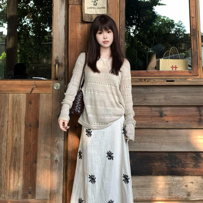 韩系慵懒镂空针织衫女早秋季穿搭2025新款松弛感宽松慵懒长袖上衣|undefined