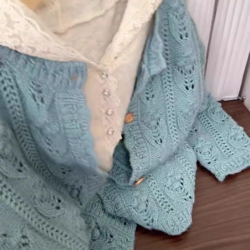 温柔风圆领毛衣外套女春秋款宽松慵懒风软糯可爱镂空,提花,纯色镂|undefined