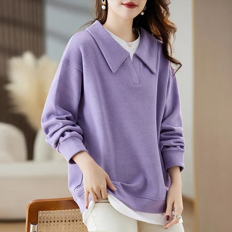 Autumn women's plus size loose fake two 300kg chubby girl loose slim long sleeve POLO collar vests