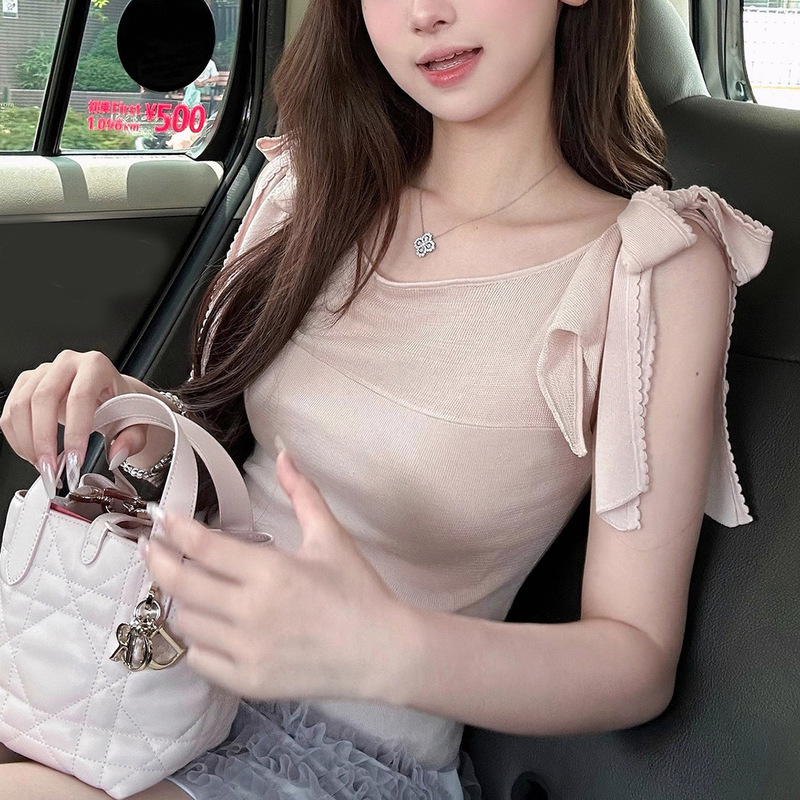 Summer Spicy Girl Niche Design 100% Tencel Delicate Sweet Bow Top Autumn Women's Clothing