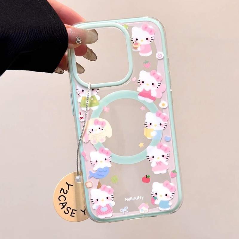 シェイクピンクとグリーンのキティ、磁気スタンド付き Apple 16promax 携帯電話ケース 15/14 ソフト 13 女性 12 に適しています|undefined