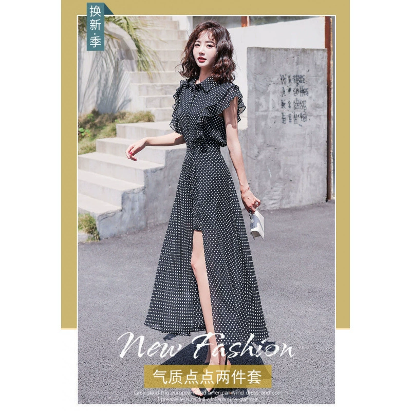 Шифоновое платье женское лето 2025 корейский стиль миди с летящими рукавами в горошек с рюшами короткий рукав двухсоставная юбка