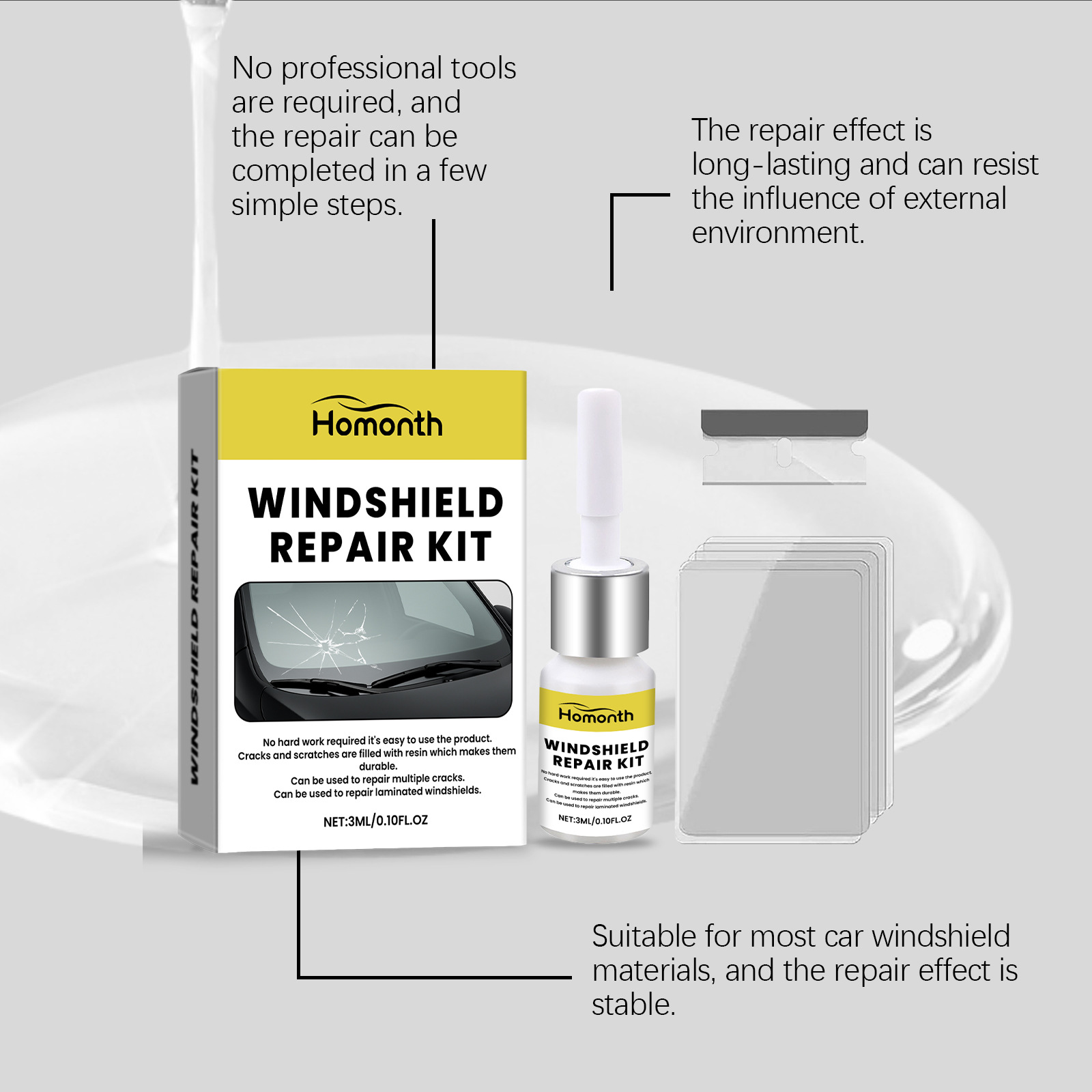 Homonth Car Windshield Care Three-Piece Set Crack Repair Cleaning Renovation Maintenance Protection Kit