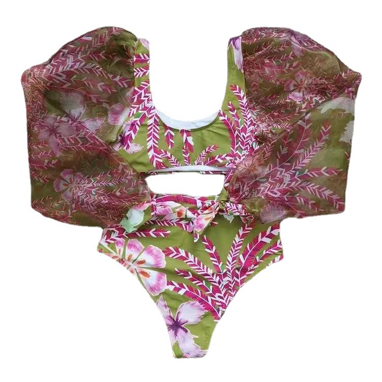 High waisted bikini split mesh long sleeved sun block printed two-piece bikini summer women's swimsuit_voghion.com