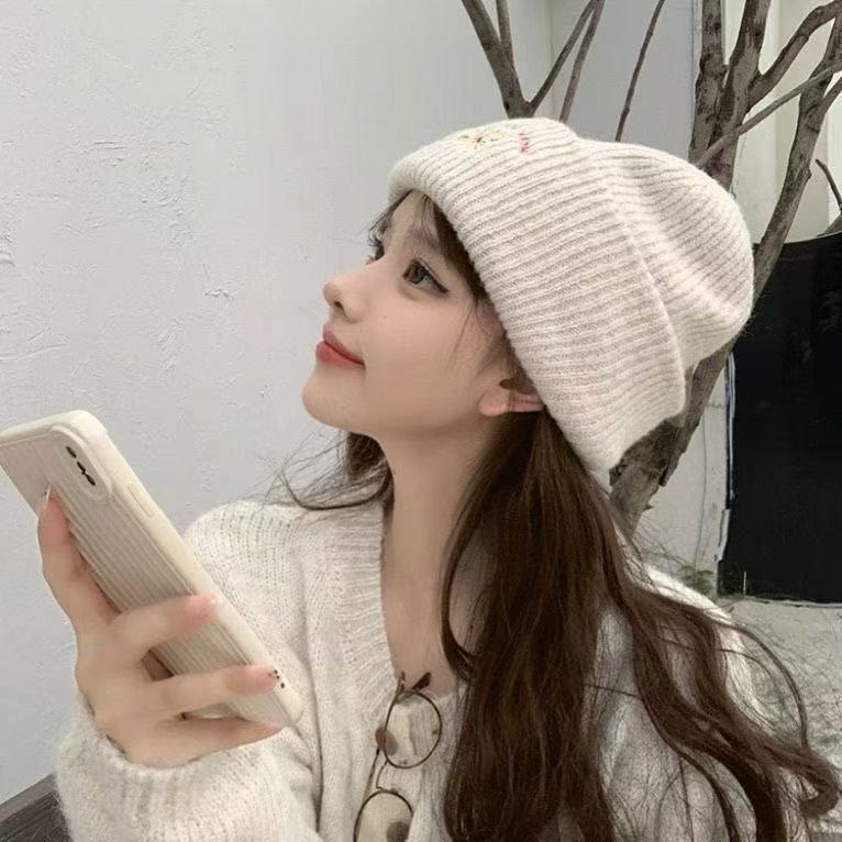 可爱小狗刺绣针织秋冬保暖加厚显脸新款秋冬季护耳毛线帽百搭帽子|undefined