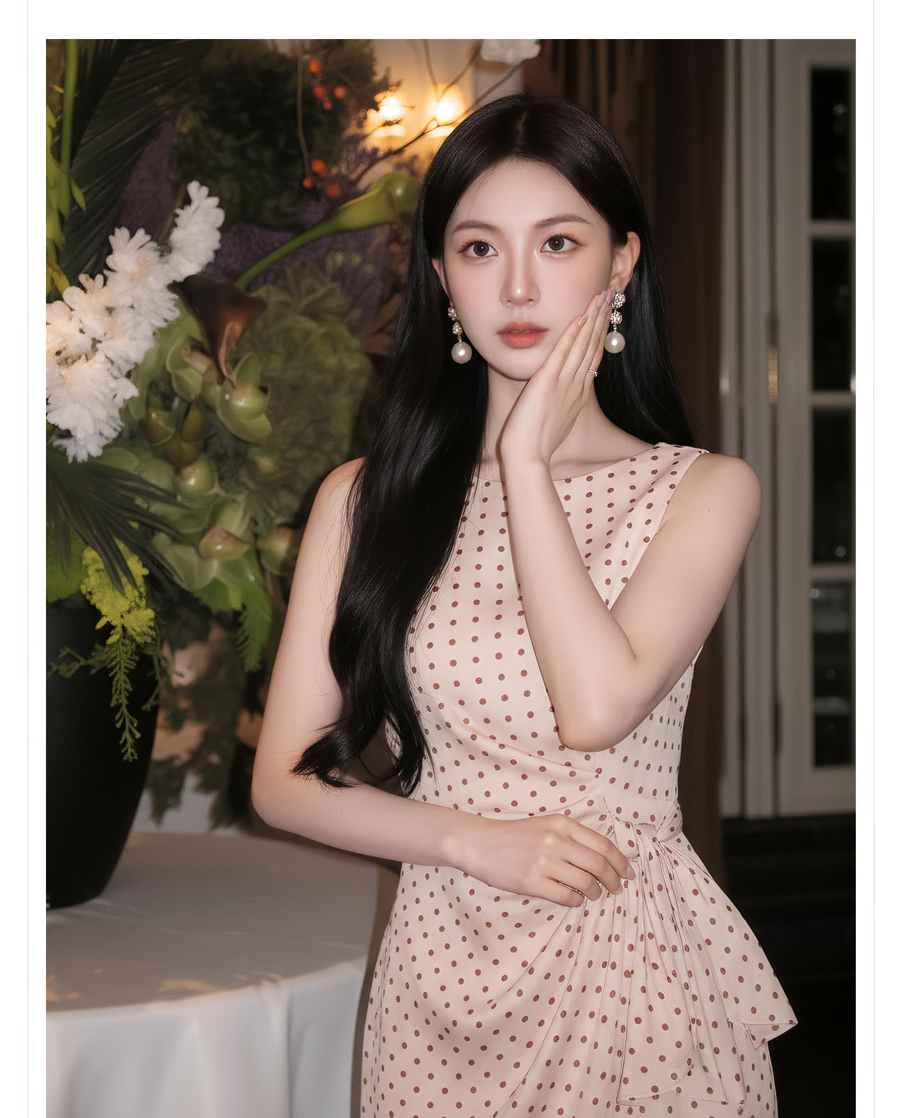 Đầm dài ôm body không tay họa tiết chấm bi phong cách Tân Trung Hoa — Điểm sóng chi tiết 2
