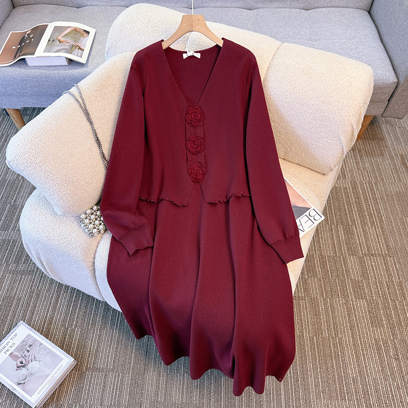 65-80kg Plus-Size Women's Fashion Sweater Dress Autumn and Winter New Style Faux Two-Piece Knit Dress Chanel Style