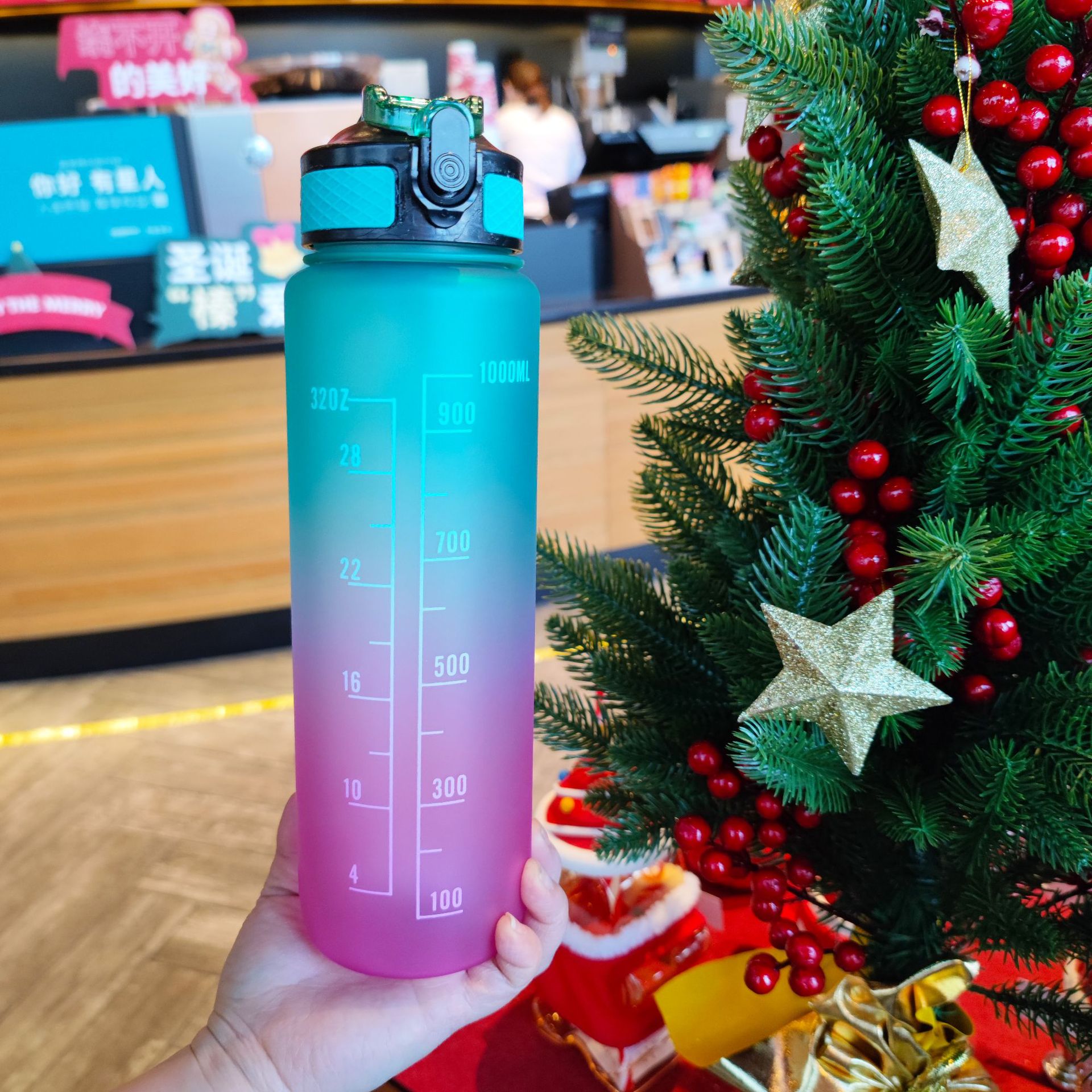 Botella de agua de color degradado esmerilado botella de agua de gran capacidad portátil cuerda de succión boquilla taza de agua 1000ml gimnasio deportes hervidor de agua