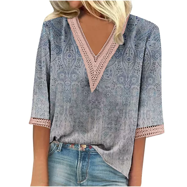 2025 European and American Cross-Border Summer Women's Printed V-Neck Lace Patchwork Three-Quarter Sleeve Women's T-Shirt Top