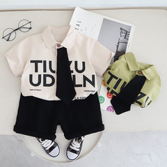 男童套裝短袖兒童帥氣夏裝男孩子領帶襯衫兩件套2024韓版新款潮