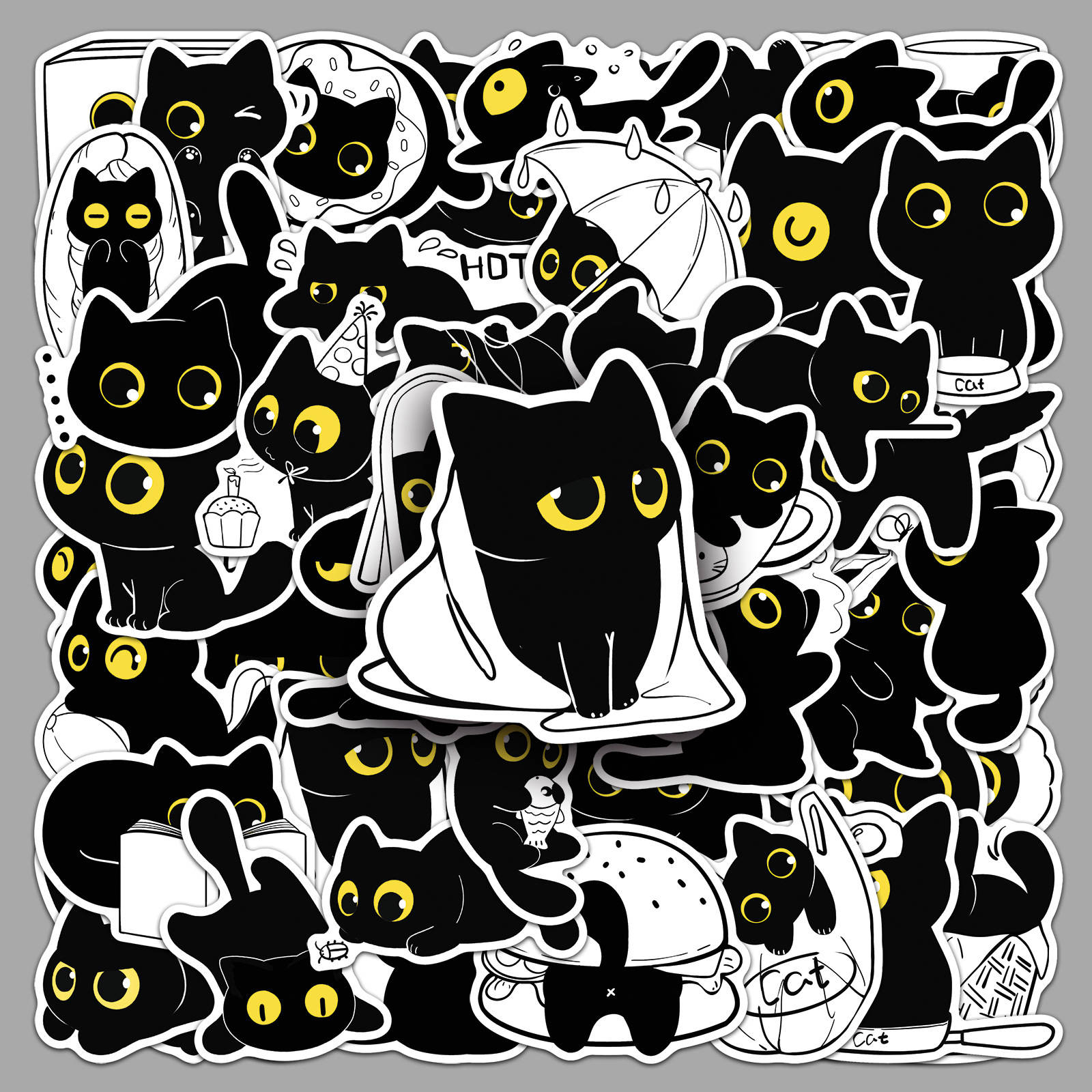 50张原创黑猫日常涂鸦贴纸可爱手绘动物创意装饰水杯手机咕卡贴纸