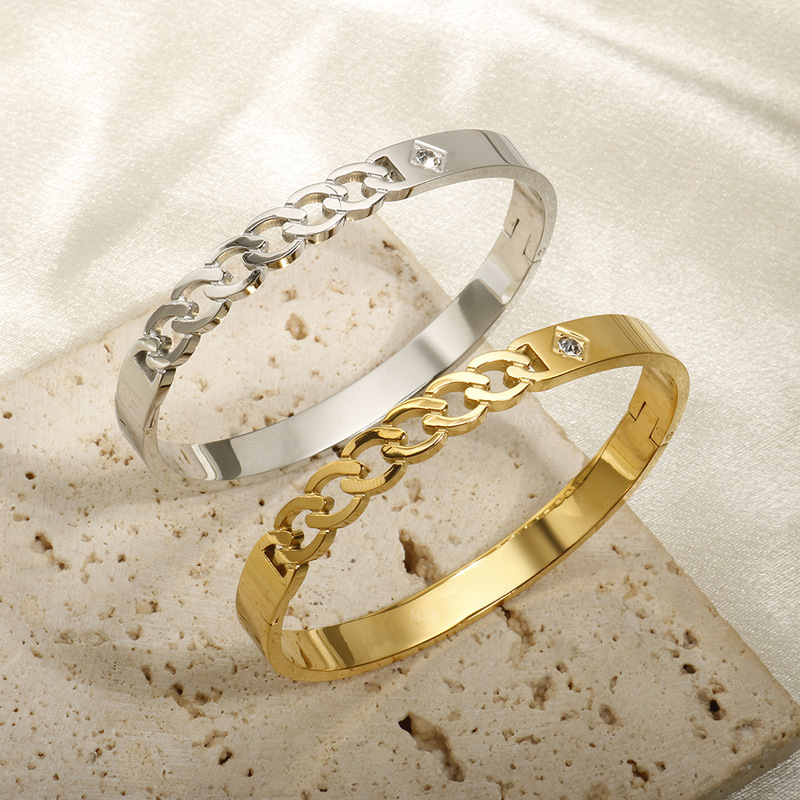 European and American Light Luxury Single Diamond Chain Geometric Bracelet Personalized Design Cross-Border Hot Selling Gold-Plated Stainless Steel Hand Jewelry