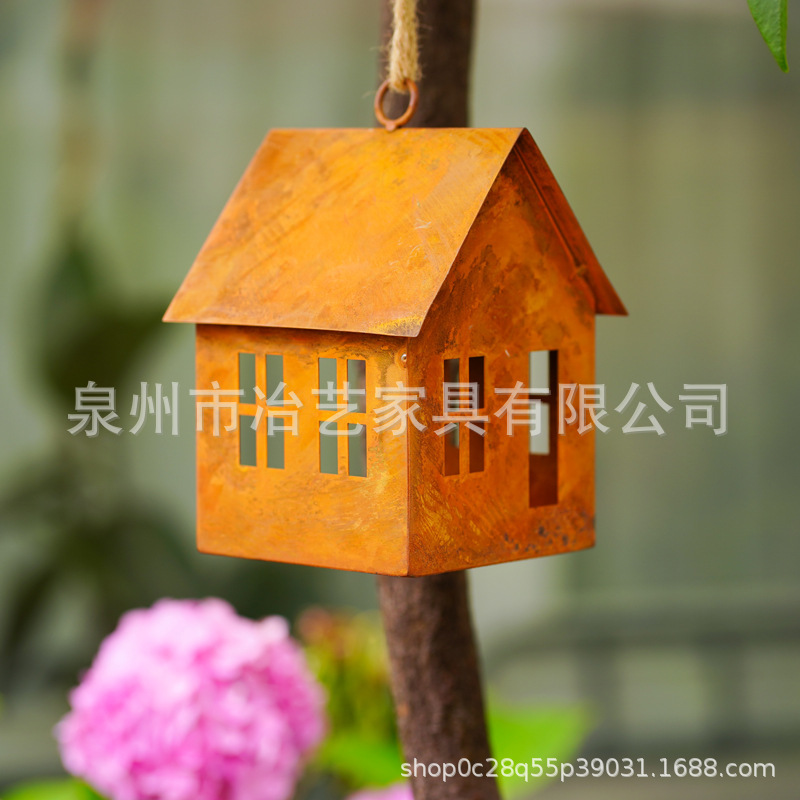 跨境简约做锈房子景观装饰屋镂空金属房子摆件挂件家居装饰品|undefined