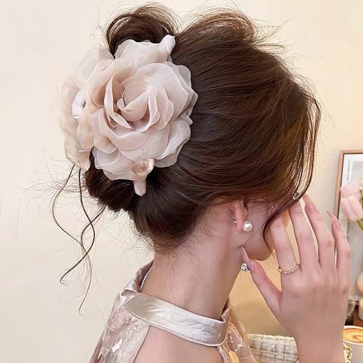 Summer Mesh Rose Flower Imitation Pearl Clip Women's High-End Shark Clip Back Head Hair Clip Head Accessories