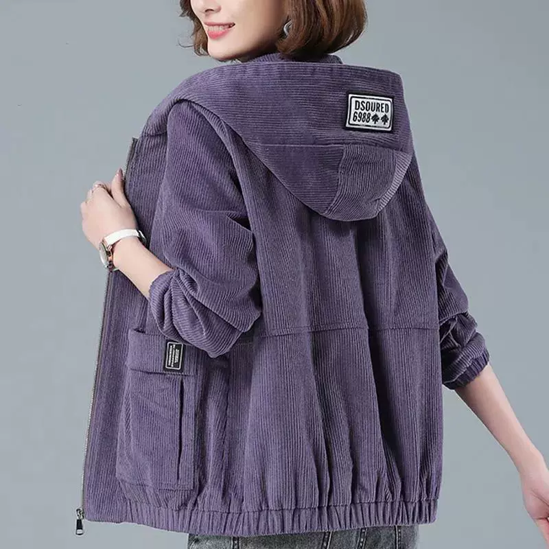 Короткая вельветовая куртка с капюшоном для мамы на отдых, 2024 года, plus size