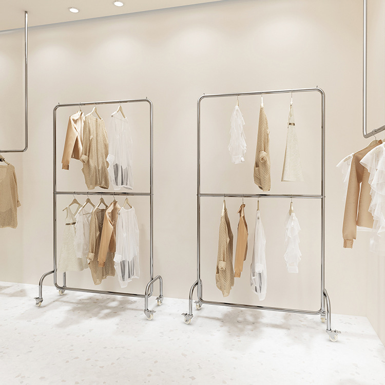 Clothing Store Display Rack Stainless Steel Floor-Standing Double-Layer Adjustable Clothes Hanging Rod Women's Clothing Store Hanging Rack for Clothes and Hats