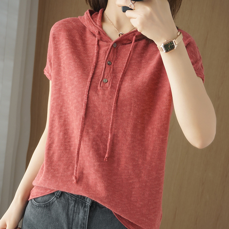 New Summer Cotton and Linen Loose Vest T-Shirt Hooded Knitwear Vest Women's Pullover Short-Sleeved Top Thin Outer Wear New Summer Cotton and Linen Loose Vest T-Shirt Hooded Knitwear Vest Women's Pullover Short-Sleeved Top Thin Outer Wear