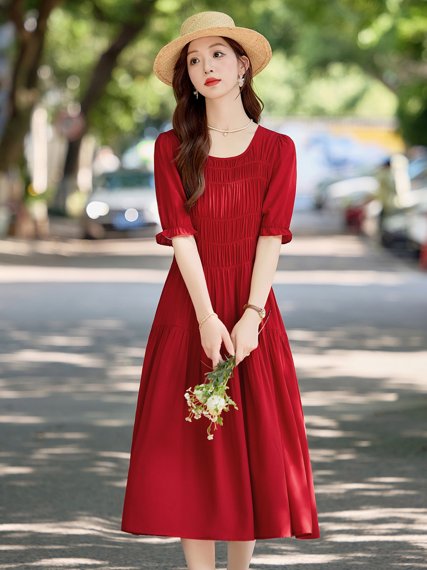 Đầm suông nữ midi che bụng eo màu trơn NI510 — Màu đen, Màu đỏ
